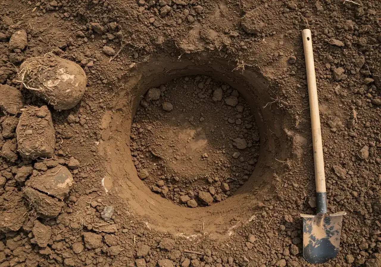 An overhead or slightly angled view looking down into a freshly dug planting hole within dense, brownish clay soil. The hole is distinctly wider (2-3 times) than it is deep, illustrating the correct digging technique for clay. The compacted texture of the excavated clay soil is visible on the sides of the hole and possibly in a small pile beside it. A clean garden spade or trowel rests near the edge of the hole.