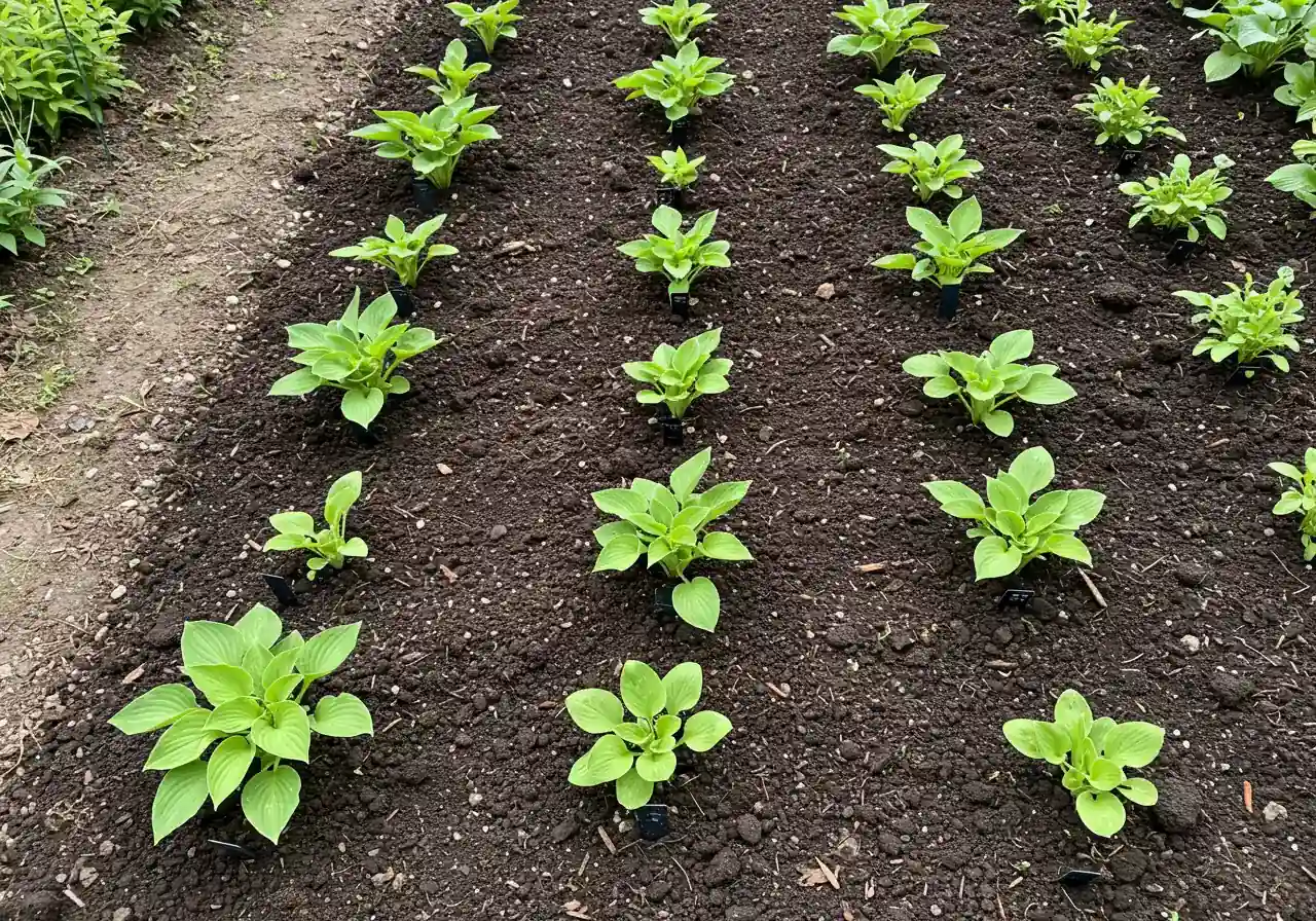 An overhead or slightly angled view of a newly planted garden bed featuring small perennial plants (like hosta or daylily starts) spaced widely apart according to the 'clay adjusted' guidelines. The image emphasizes the significant bare, amended soil visible between each plant, illustrating the concept of planting for mature size and ensuring good airflow.