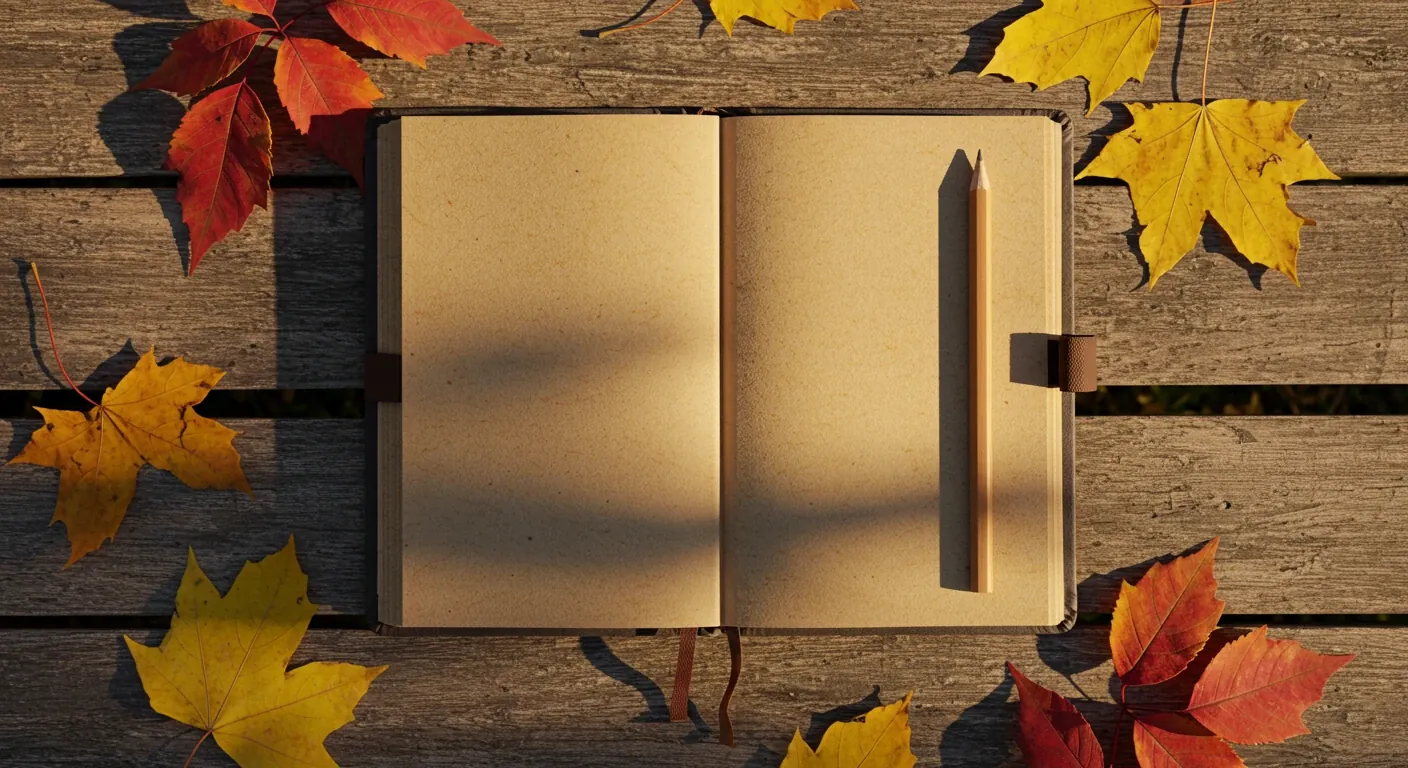 A slightly weathered garden notebook and pencil resting on a rustic wooden garden table. Scattered colourful autumn leaves (maple reds, oak golds) surround the notebook, suggesting the fall season. Soft, late afternoon sunlight filters through unseen trees. The focus is on the notebook as a tool for garden planning, representing the article's core theme.