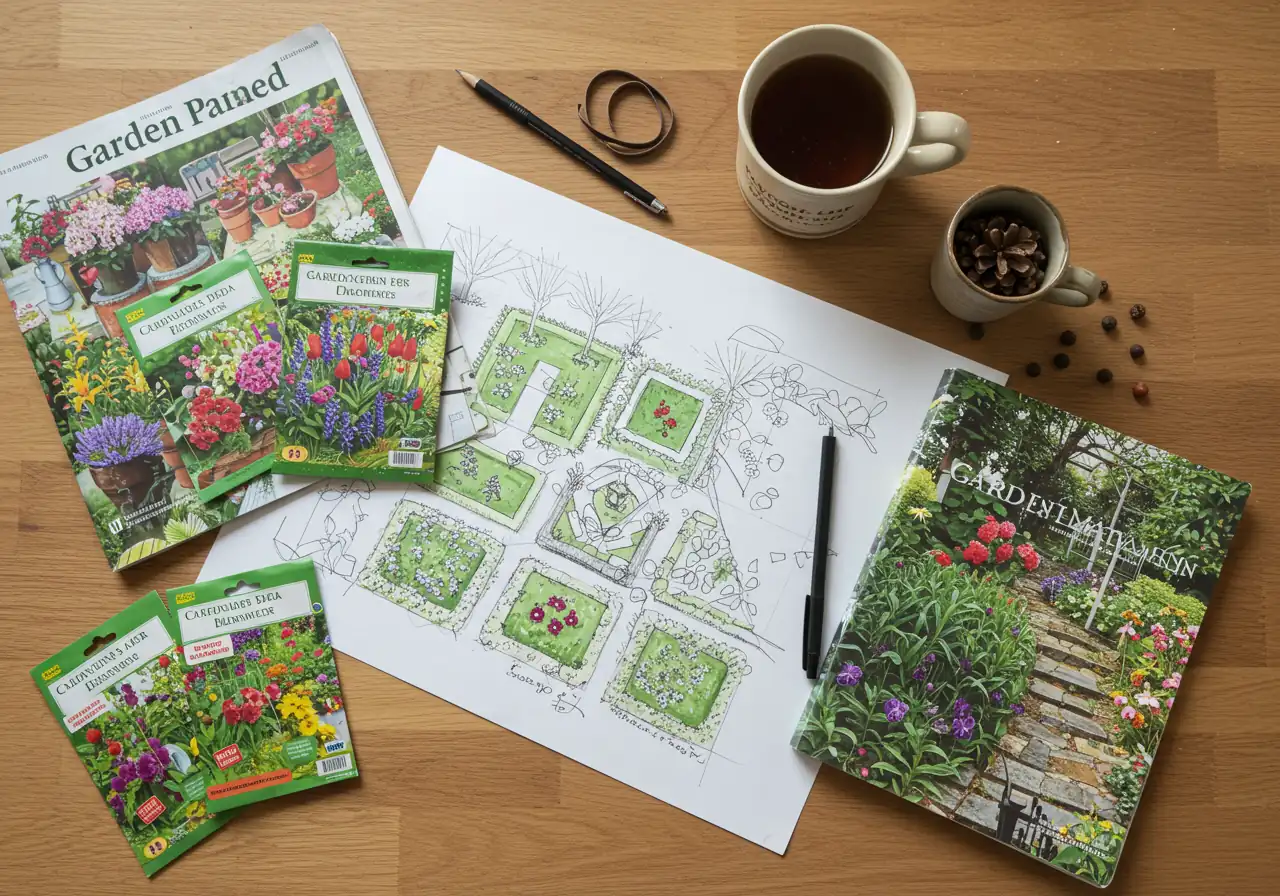 A cozy, inviting image symbolizing garden planning during the off-season. View of a simple hand-drawn garden map or layout sketch spread on a wooden table indoors. Next to it lies the garden journal, several colourful seed packets, and perhaps a gardening catalogue. A steaming ceramic mug suggests warmth. Soft, warm indoor lighting appropriate for a winter day.