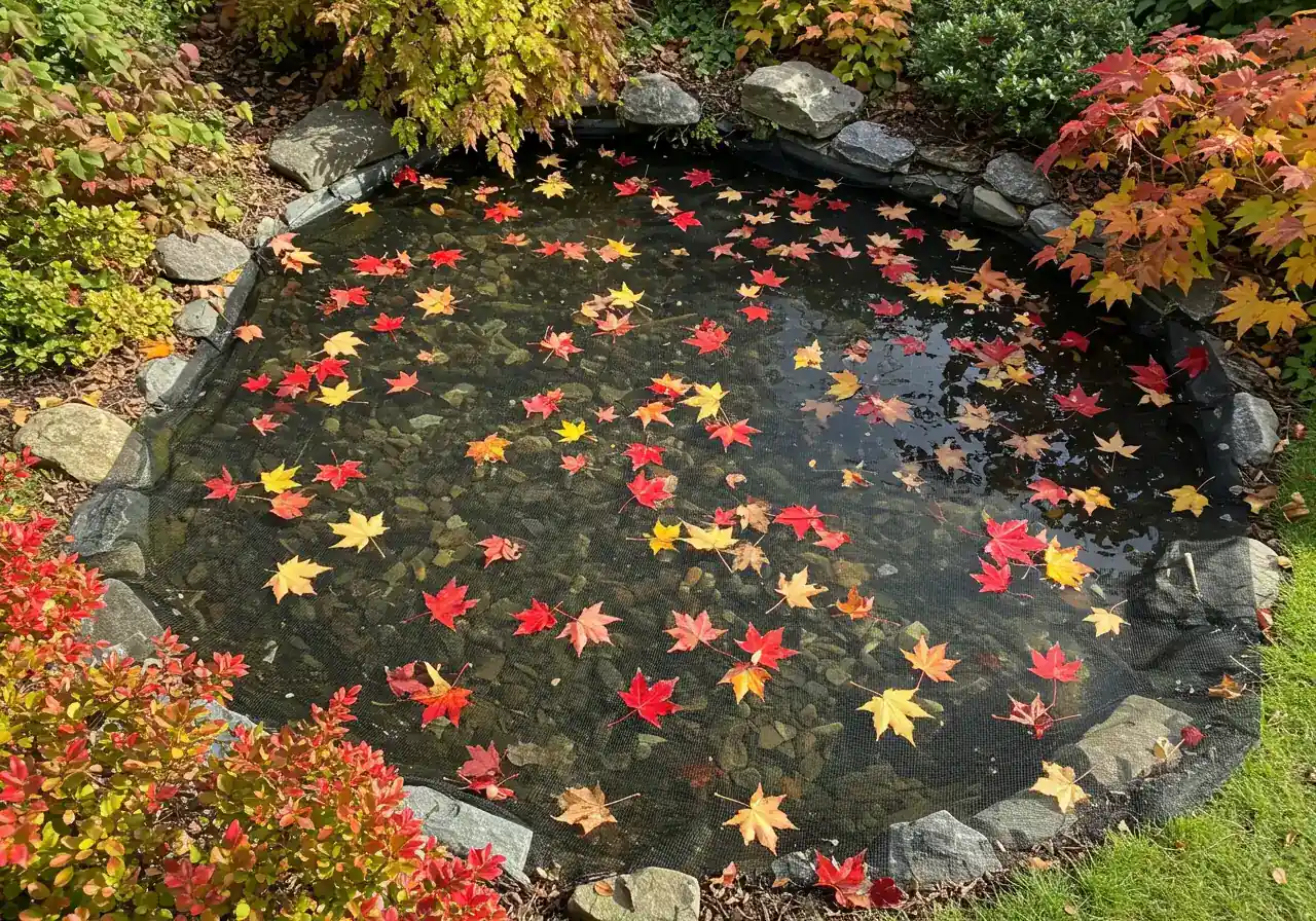 An image demonstrating the use of pond netting during fall. It should show a backyard pond covered with black netting, successfully catching colourful fallen leaves and preventing them from entering the water.