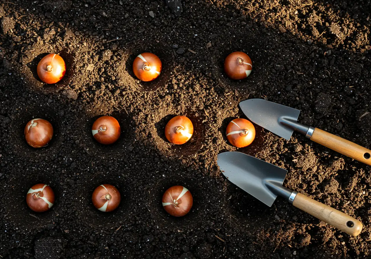 An overhead or slightly angled view of garden soil prepared for bulb planting. Several spring-blooming bulbs (like tulips or daffodils) are shown placed in planting holes at the correct depth (roughly 3x bulb height), with the pointed end facing upwards. A garden trowel rests nearby on the soil.