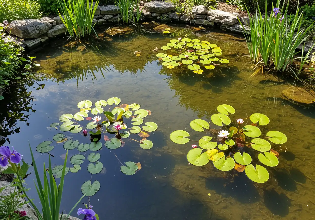 An overhead or slightly angled view of a beautiful backyard pond surface demonstrating effective plant coverage. Showcases healthy water lilies with open flowers and large pads, along with marginal plants like iris or pickerel rush growing along the edges, covering roughly 40-60% of the visible water surface. The water should be clear, reflecting the sky.
