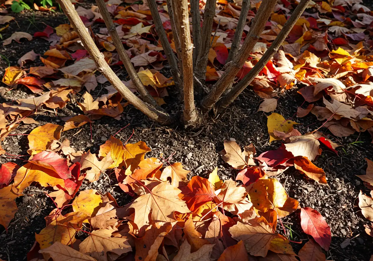 A visually appealing photograph showing a layer of fallen, colourful autumn leaves (like maple or oak) acting as natural mulch covering the soil surface in a garden bed around the base of dormant perennial plants or shrubs. The image should convey the protective and natural aspect of leaf mulch.