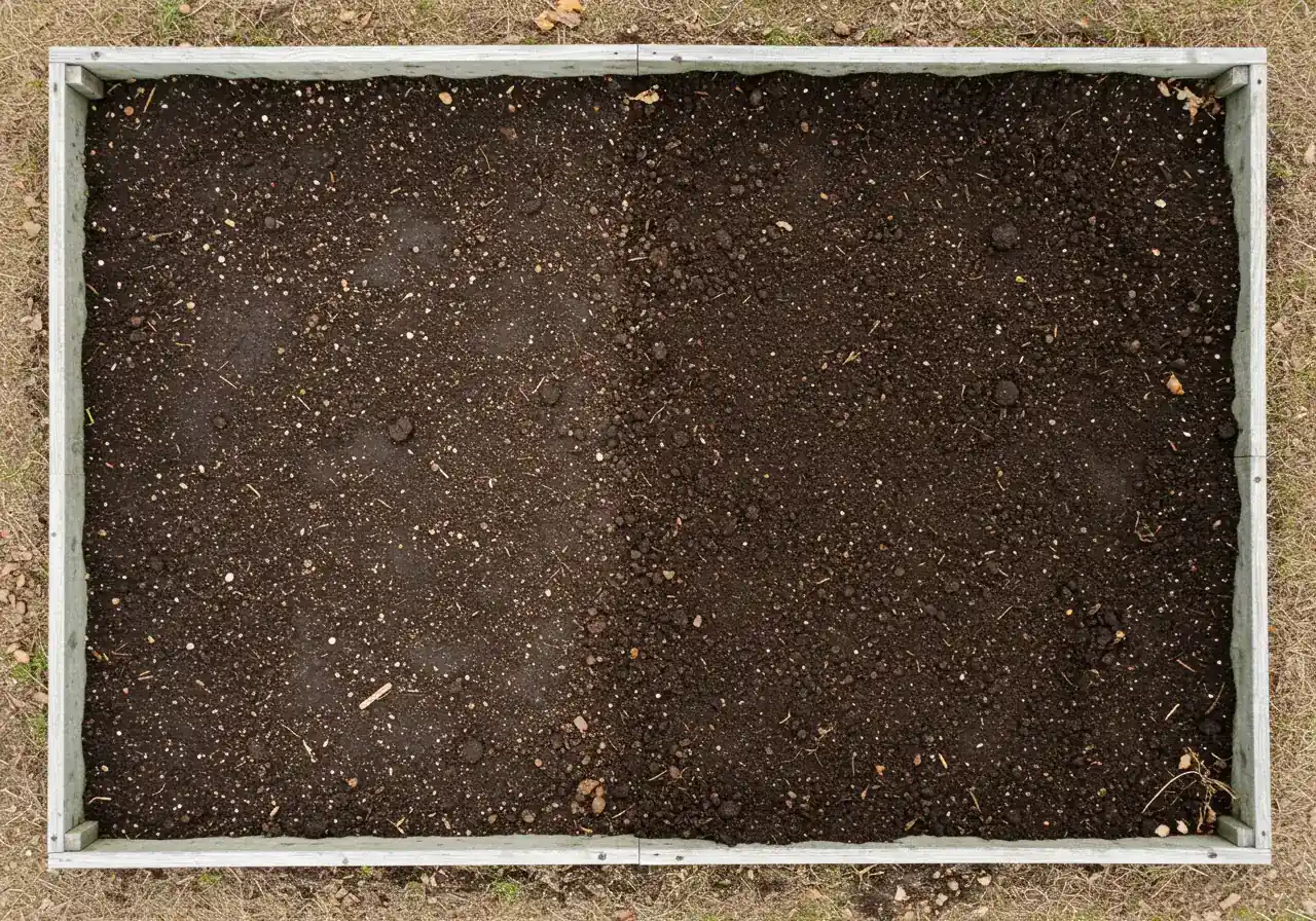An overhead shot of a cleared vegetable garden bed in late fall. The soil is dark and visibly crumbly. A generous layer of rich, dark brown compost has been spread evenly over about half the bed, contrasting with the bare soil on the other half, illustrating the soil amendment process before winter.