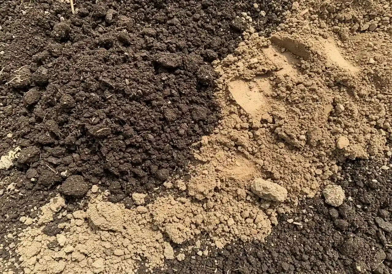 A visually contrasting image showing dark, crumbly compost being spread or lightly mixed into the lighter-colored, dense clay soil of a garden bed. This illustrates the process of soil amendment with organic matter.