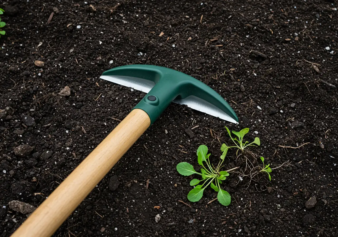 An image showing an ergonomic stirrup or oscillating hoe resting on the surface of loosened garden soil. Small, recently cut weeds should be visible nearby, demonstrating the tool's function in action without showing any hands or people.