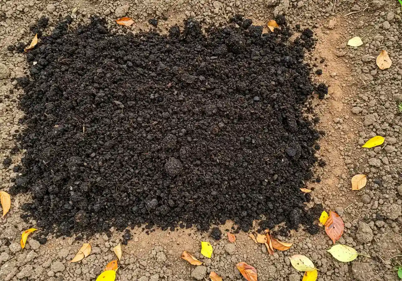 A visually appealing shot of dark, rich, crumbly compost being spread as a top dressing over the soil in a garden bed. The contrast in texture and color between the dark compost and the lighter garden soil underneath should be evident, highlighting the act of amending.