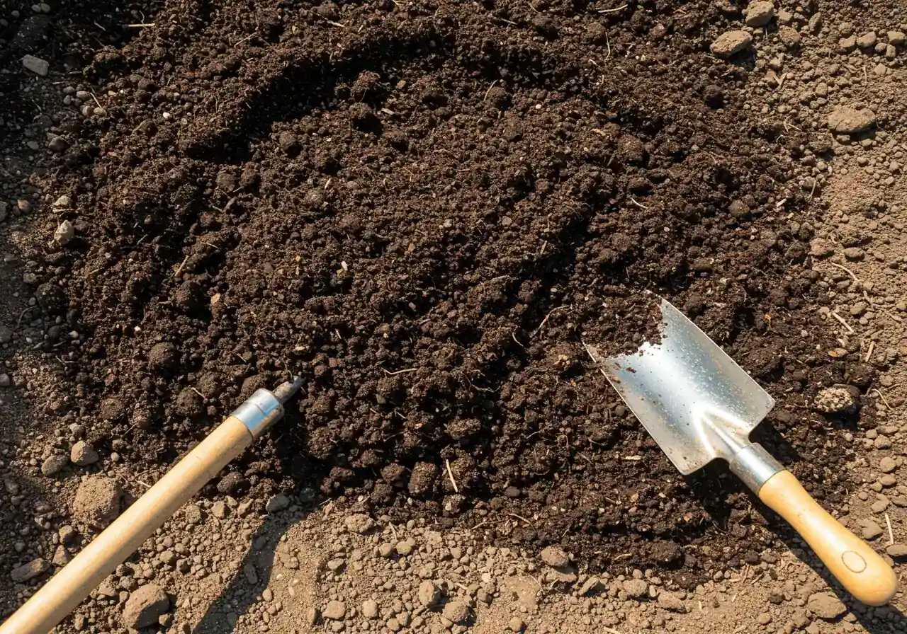 An overhead view illustrating the process of amending garden soil. Show dark, rich compost partially mixed into lighter-textured garden soil within a defined garden bed. A garden fork or trowel could be resting nearby (no hands shown) to imply the action of mixing.