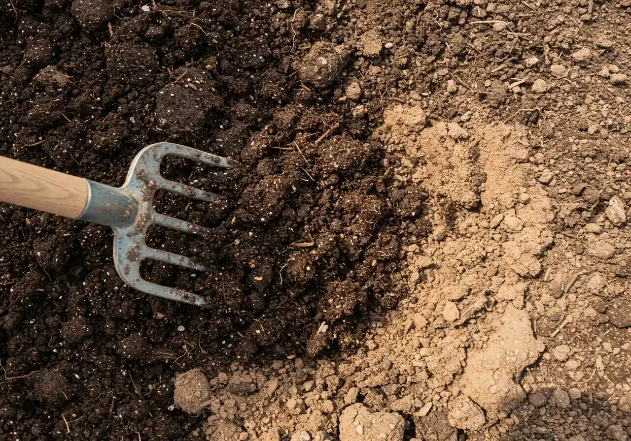 An illustrative image showing the process of soil amendment. It should depict dark, rich compost being mixed into lighter-colored, dense clay soil. Focus on the contrast in textures and colors, maybe showing a pile of compost next to the clay soil being worked with a garden fork, but without showing any hands or people.