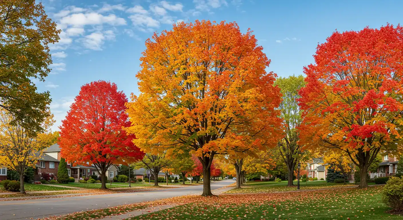 A vibrant, picturesque scene of a residential street or park in Nepean during peak autumn. Focus on the stunning colours of maple trees (reds, oranges, yellows) lining the area, with fallen leaves scattered lightly on well-kept lawns under a clear, crisp blue sky. This image establishes the beautiful setting mentioned and the abundance of leaves, hinting at the work ahead.