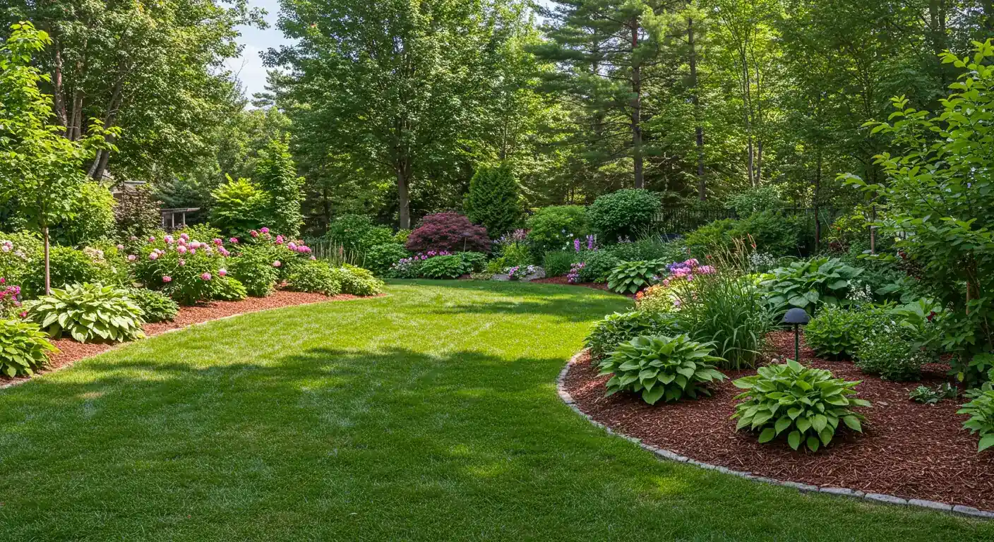 A wide, inviting photograph showcasing a beautiful, thriving residential garden representative of the Russell, Ontario area in peak summer. The image should feature lush green grass, vibrant, well-maintained flower beds brimming with colourful perennials and annuals, and healthy shrubs. The scene should evoke a feeling of peacefulness and successful gardening under bright, sunny conditions. Focus purely on the garden landscape, excluding any people or distinct houses.