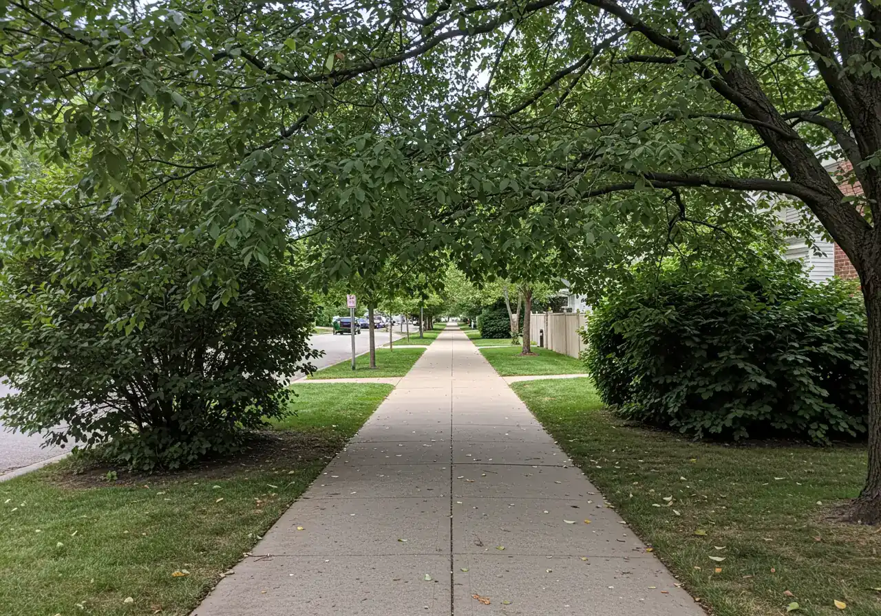 An eye-level perspective photograph looking down an empty suburban concrete sidewalk. A large, leafy branch from a mature tree on the adjacent property hangs low over the sidewalk, significantly reducing the vertical clearance and partially obstructing the pathway, clearly illustrating a potential by-law infraction and pedestrian hazard.