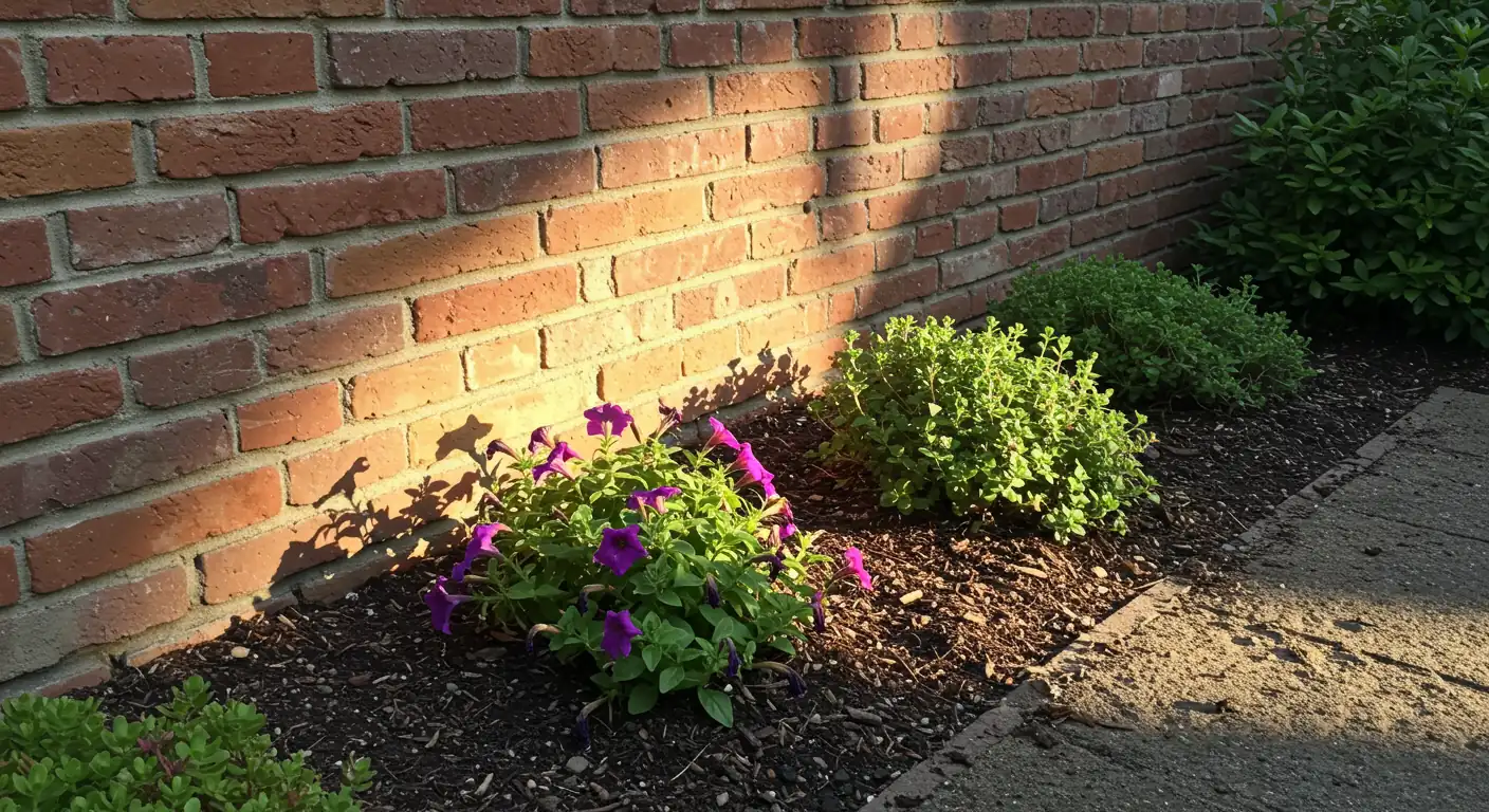 A clear visual example of a garden 'hot spot'. The image should show a section of a garden bed adjacent to a heat-reflecting surface like a brick wall or asphalt driveway, under intense sunlight. Focus on plants showing signs of heat stress, such as wilting annuals (e.g., petunias) compared to perhaps tougher nearby plants, and visibly dry, potentially cracked soil.