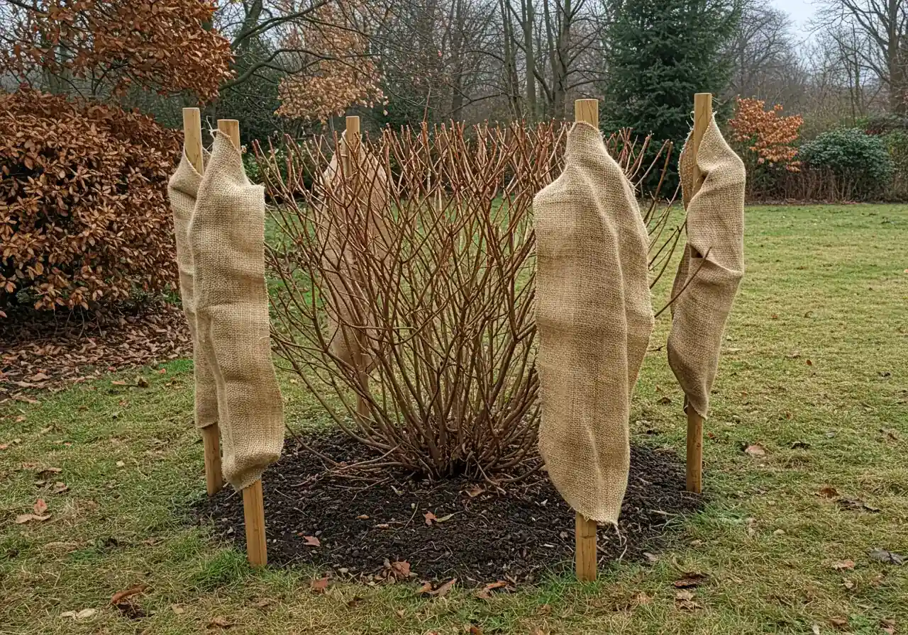 A clear shot demonstrating the burlap wrapping technique for a medium-sized deciduous shrub (like a hydrangea or young Japanese maple) prepared for winter. Show four wooden stakes hammered into the ground around the shrub, with natural-coloured burlap fabric stretched around the *outside* of the stakes, creating a protective screen. Emphasize that the burlap is not touching the shrub itself, allowing air circulation, and the top is left open.