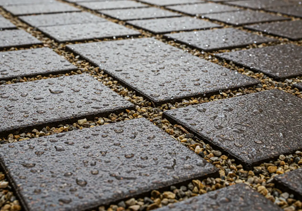 A clean, newly installed permeable paver walkway or small patio section. Water from a recent rain or watering can is visibly soaking into the small gravel-filled joints between the modern-style pavers, demonstrating the permeability. No standing water should be present on the paver surfaces themselves. The surrounding area could show mulch or garden edges.