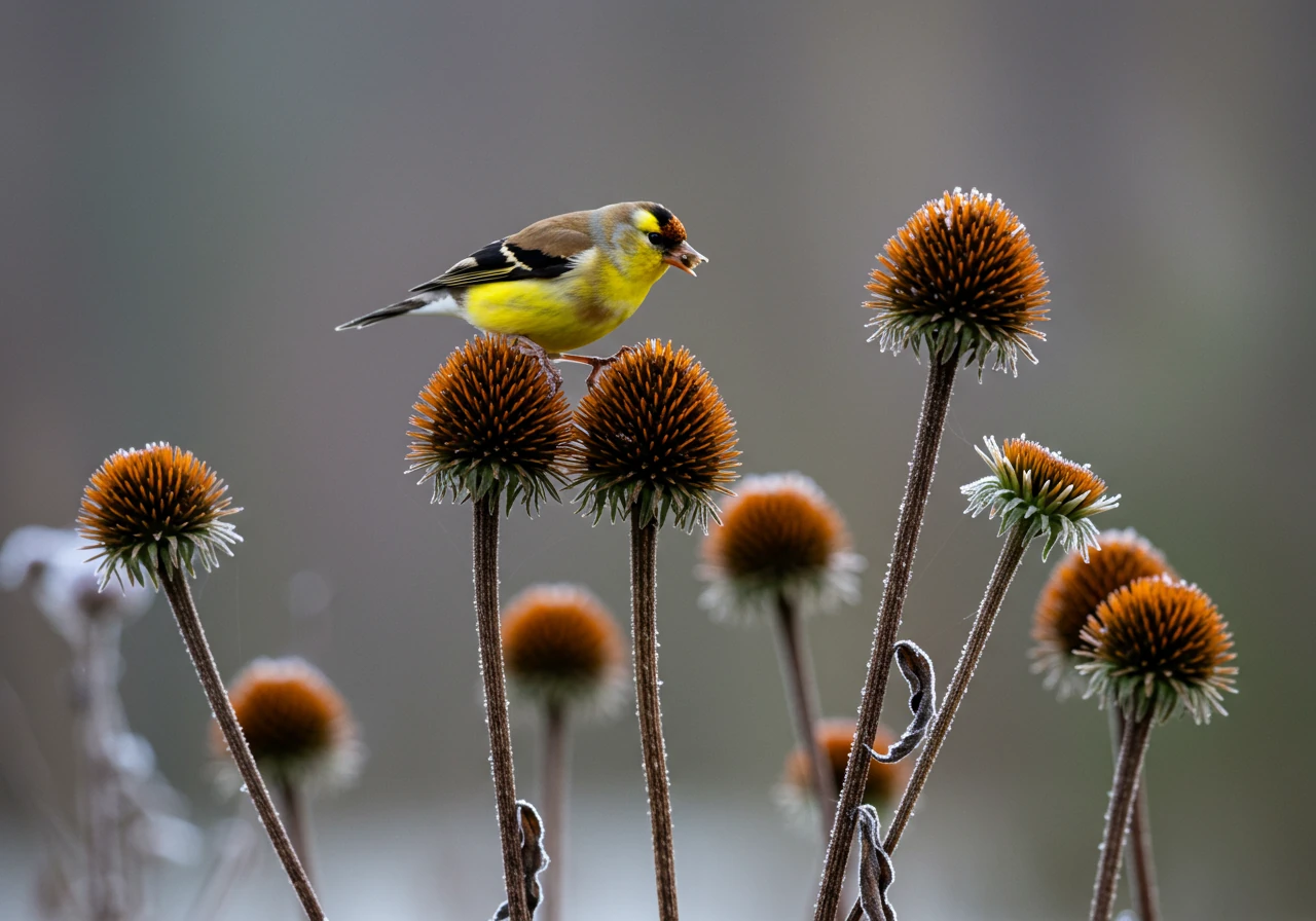 A visually interesting shot capturing dried seed heads of Coneflowers (Echinacea) or Black-Eyed Susans (Rudbeckia) left standing in a garden during late fall or early winter. Optionally, include a small songbird like a goldfinch perched on a seed head, illustrating the benefit to wildlife.