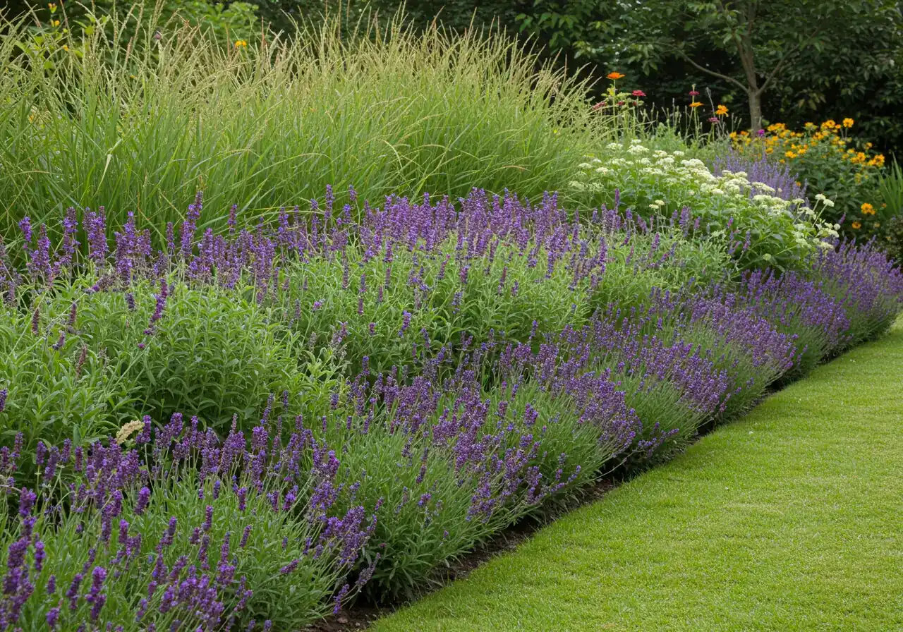 An image illustrating the concept of layered planting as a deterrent. Show a garden border viewed from the side: taller, robust ornamental grasses or shrubs form the back layer, medium-height perennials (like Russian Sage or Nepeta) are in the middle, and a dense row of strongly scented herbs (like Lavender or Sage) or low, textured plants forms the front edge closest to the viewer. Conveys structure and density.
