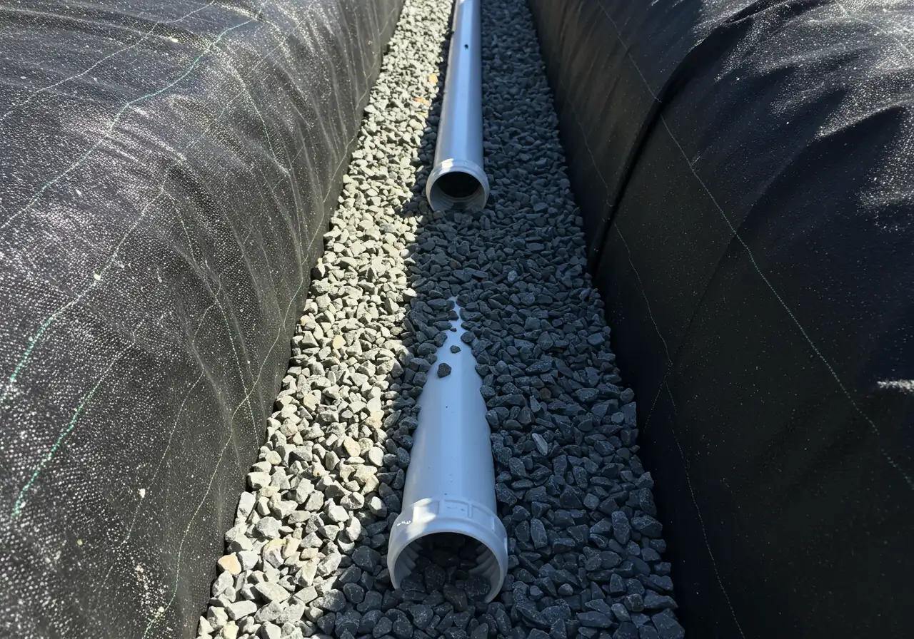 A photograph showing a key stage in the construction of a French drain. For example, the perforated pipe laid correctly (holes down) on a bed of clean gravel within the fabric-lined trench, before being fully covered. This clarifies the structure described.