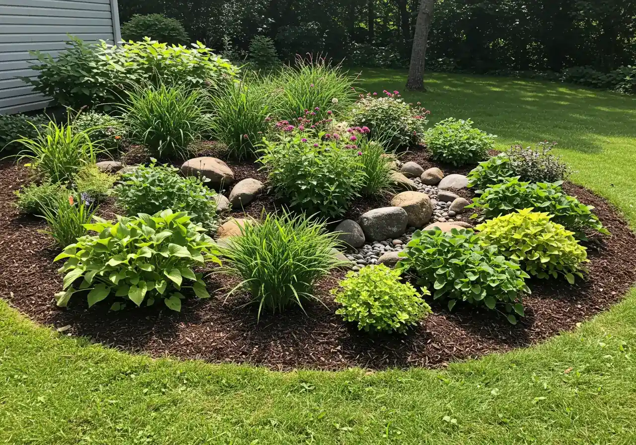 An image of a functional and attractive rain garden built into a residential landscape, featuring water-tolerant native plants and rocks, potentially looking slightly damp.