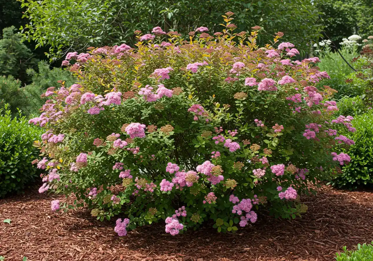 An inspiring 'after' image showcasing a deciduous shrub (like a potentilla, spirea, or smooth hydrangea) that has successfully recovered and been rejuvenated through renovation pruning, perhaps one growing season later. The shrub should look vibrant, healthy, with dense new foliage, possibly covered in flowers, and have a pleasing, compact shape within a well-maintained garden bed. Sunny, inviting atmosphere.