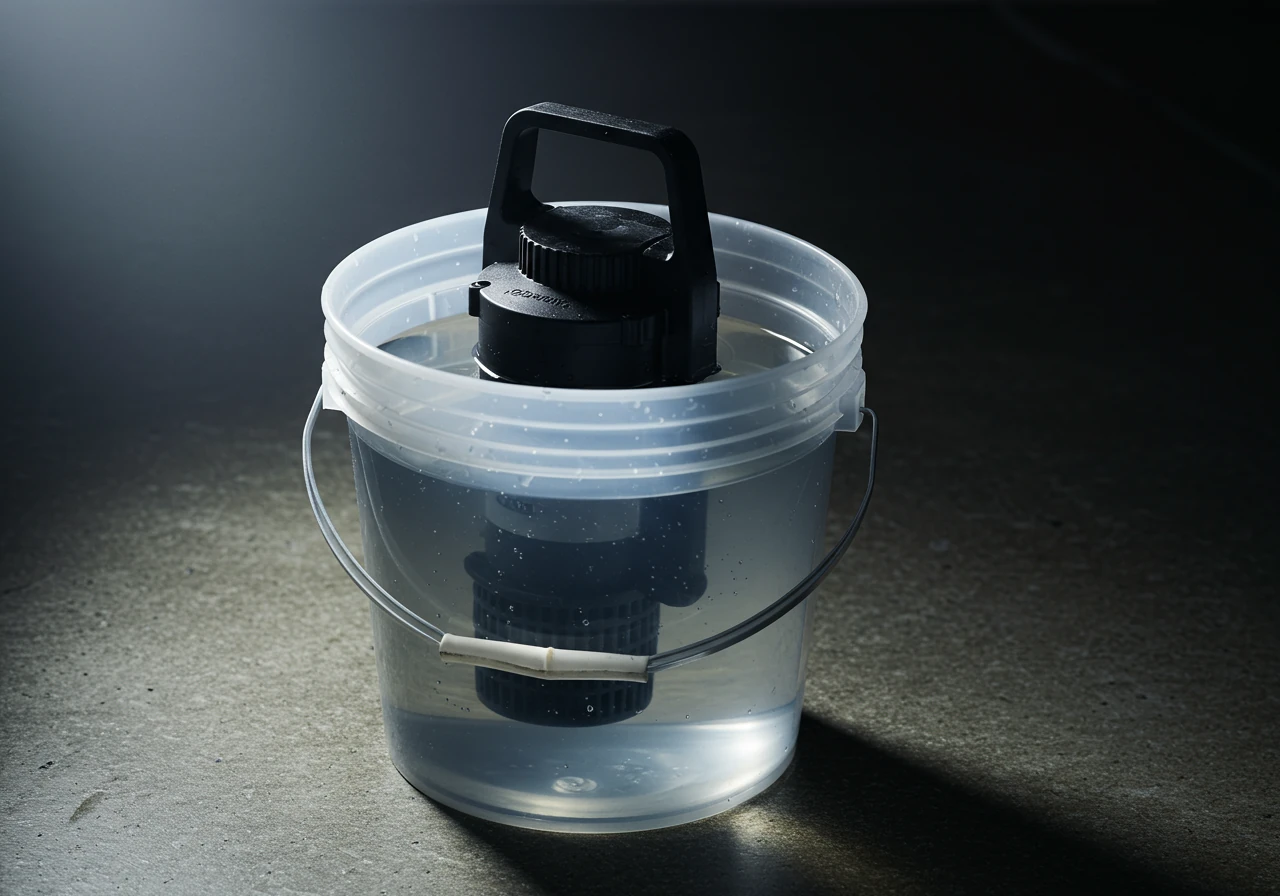 An image clearly showing a clean submersible pond pump resting inside a clean plastic bucket filled with clear water, placed on a simple concrete floor (like a basement or garage) to illustrate the 'Pump Pampering Pro-Tip' for winter storage.