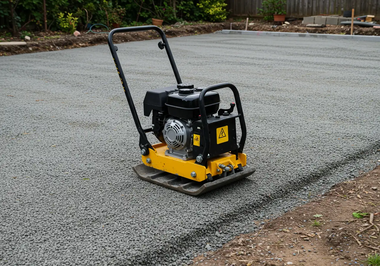 A photograph focusing on a mechanical plate tamper machine resting on a layer of compacted aggregate base material within an excavated patio area. This emphasizes the importance of compaction and shows the necessary equipment without depicting its operation.