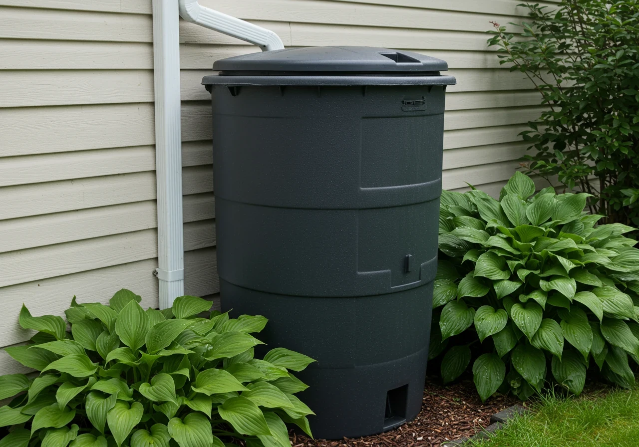 An illustration of 'Water Wisely' practice. The image shows a dark-coloured rain barrel positioned neatly under a house's downspout, collecting rainwater. Lush green foliage, perhaps hostas or ferns, surrounds the base of the barrel, suggesting a healthy, water-conscious garden environment.