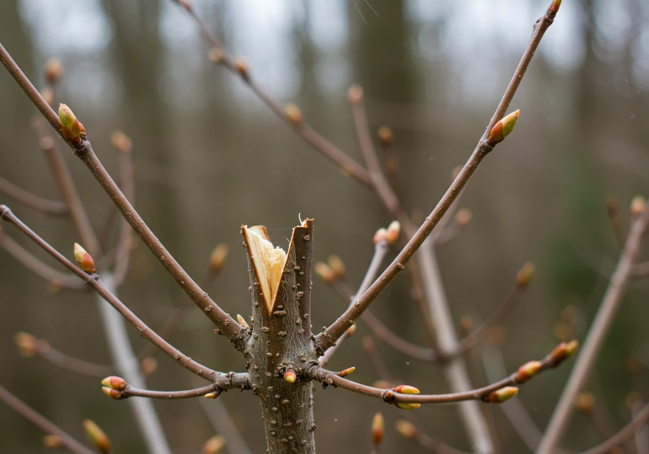 An image demonstrating the result of proper spring pruning on a deciduous shrub (e.g., a spirea or hydrangea). Focus on the healthy structure of the shrub, showing clean pruning cuts and vibrant, swelling buds on the remaining stems, ready for new growth. Background should be softly blurred garden elements.