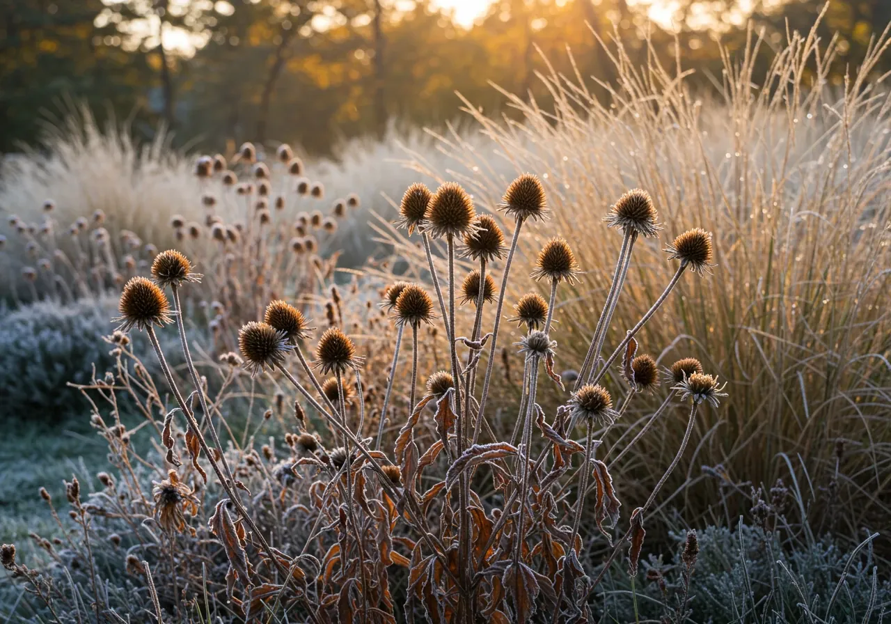 A photograph showcasing the natural beauty and structure of native plants left standing in a garden during late fall or early winter. This highlights their year-round interest and reinforces the 'less work' aspect (no need for extensive fall cleanup).