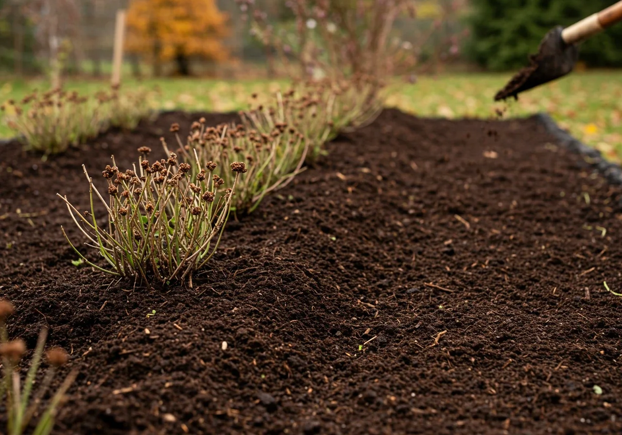 An image showing rich, dark compost being spread as a top dressing layer over a prepared garden bed in the fall, perhaps around the base of dormant shrubs or perennials. This highlights the recommended soil amendment action.