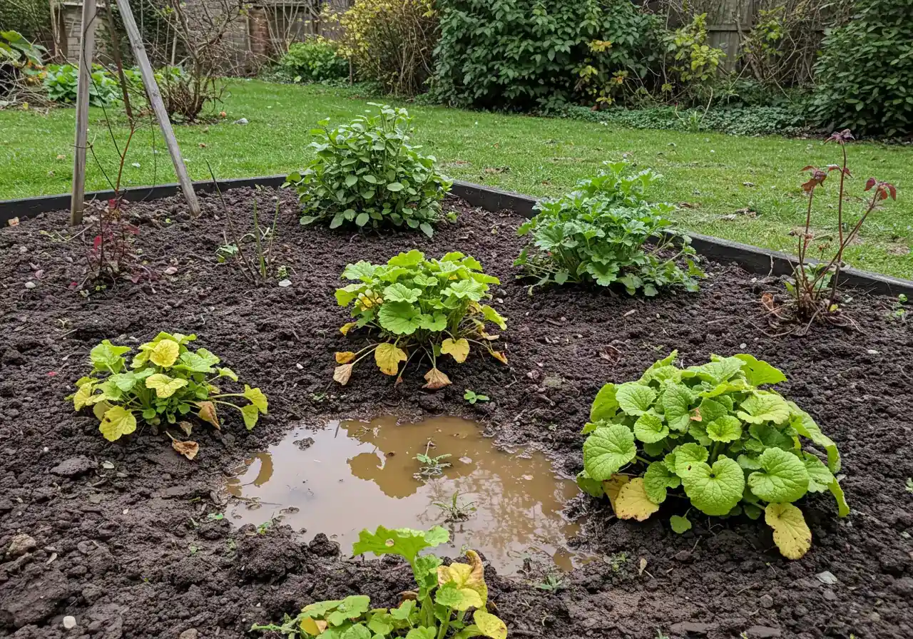 Image depicting a corner of a garden bed suffering from poor drainage. Shows dark, overly saturated, muddy soil with small visible puddles of water lingering around the base of a few listless-looking plants with slightly yellowed lower leaves. Avoid showing dying plants, focus on the waterlogged soil condition.