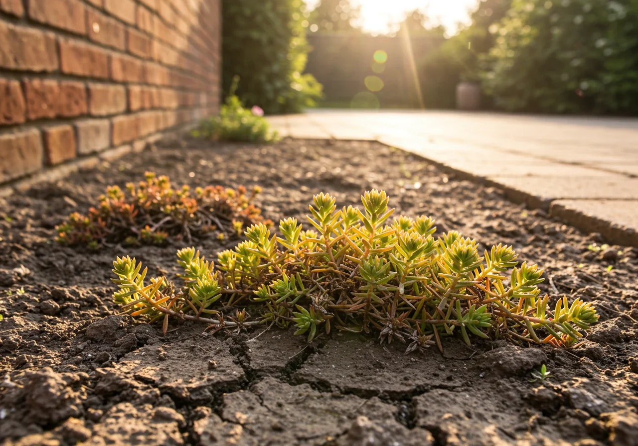 A photograph capturing the intense conditions of a garden hot spot. Focus on cracked, dry earth in the foreground, possibly with a few heat-stressed, slightly wilting plants like struggling Sedum or small grasses. In the background, show elements contributing to the heat, like a south-facing brick wall radiating heat or reflective pavement under the bright, midday sun.