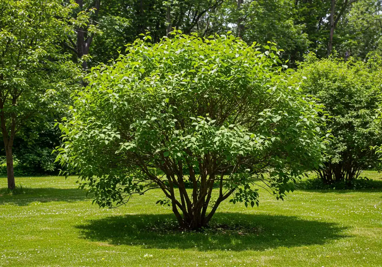 A photograph capturing a healthy, mature lilac shrub in mid-summer, after its flowering period. The shrub appears well-maintained but natural, showcasing healthy green foliage. This visually represents the type of spring-flowering shrub discussed that requires pruning immediately after blooming.