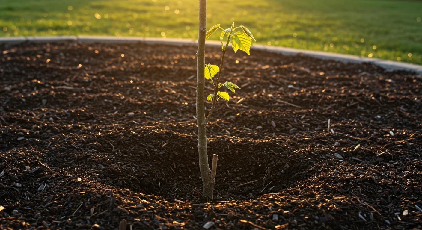 A visually appealing shot of a healthy, young deciduous tree sapling planted in a neat garden bed or lawn. The tree should look vibrant and recently planted, perhaps with mulch around its base (kept away from the trunk). This image introduces the subject matter – young trees needing care.