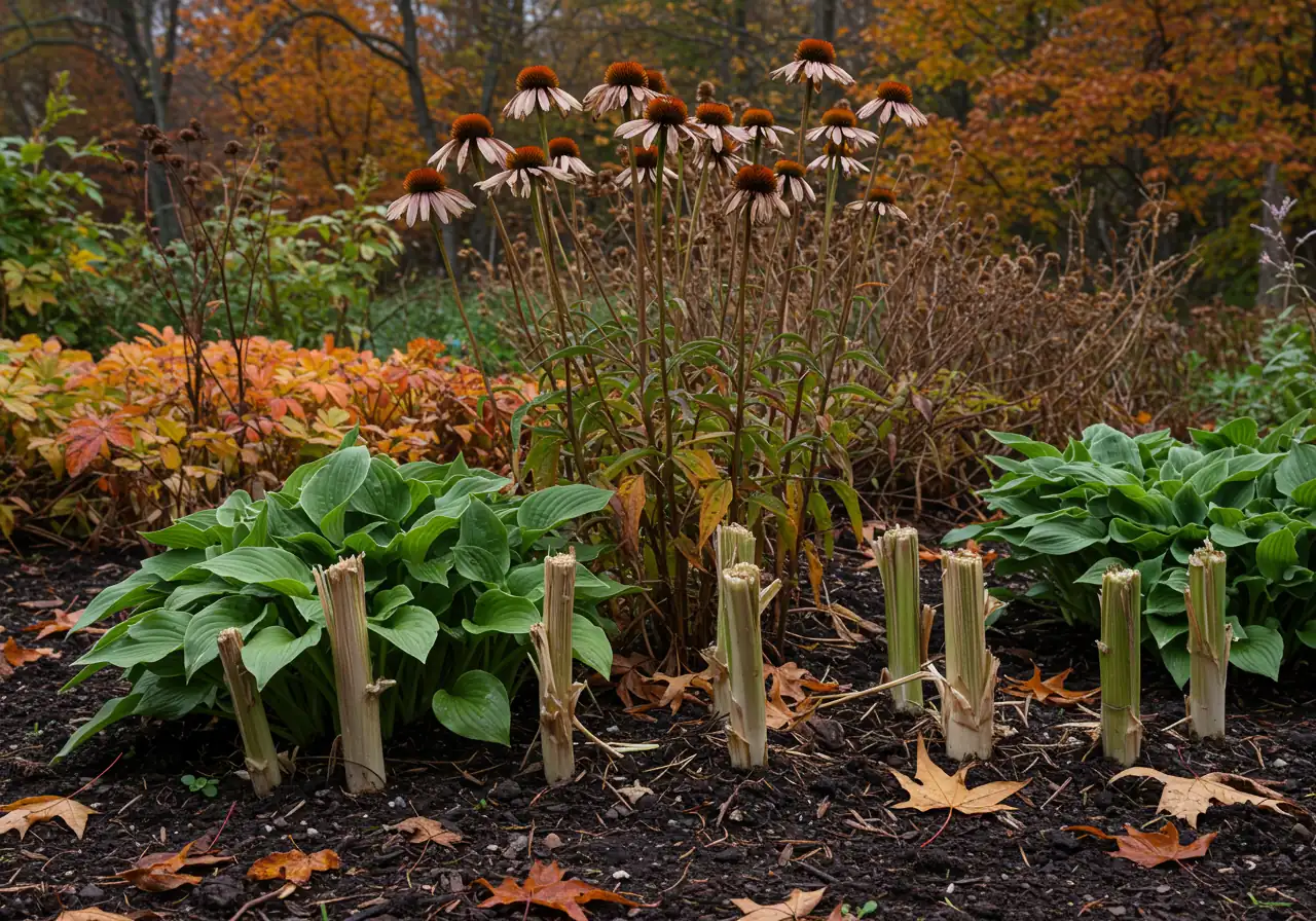A photograph of a late autumn perennial garden border. In the foreground, plants like hostas have their stems cut back close to the ground. Behind them, dried echinacea (coneflower) seed heads stand tall, providing visual interest and potential food for birds. Fallen leaves are visible on the soil around the plants.