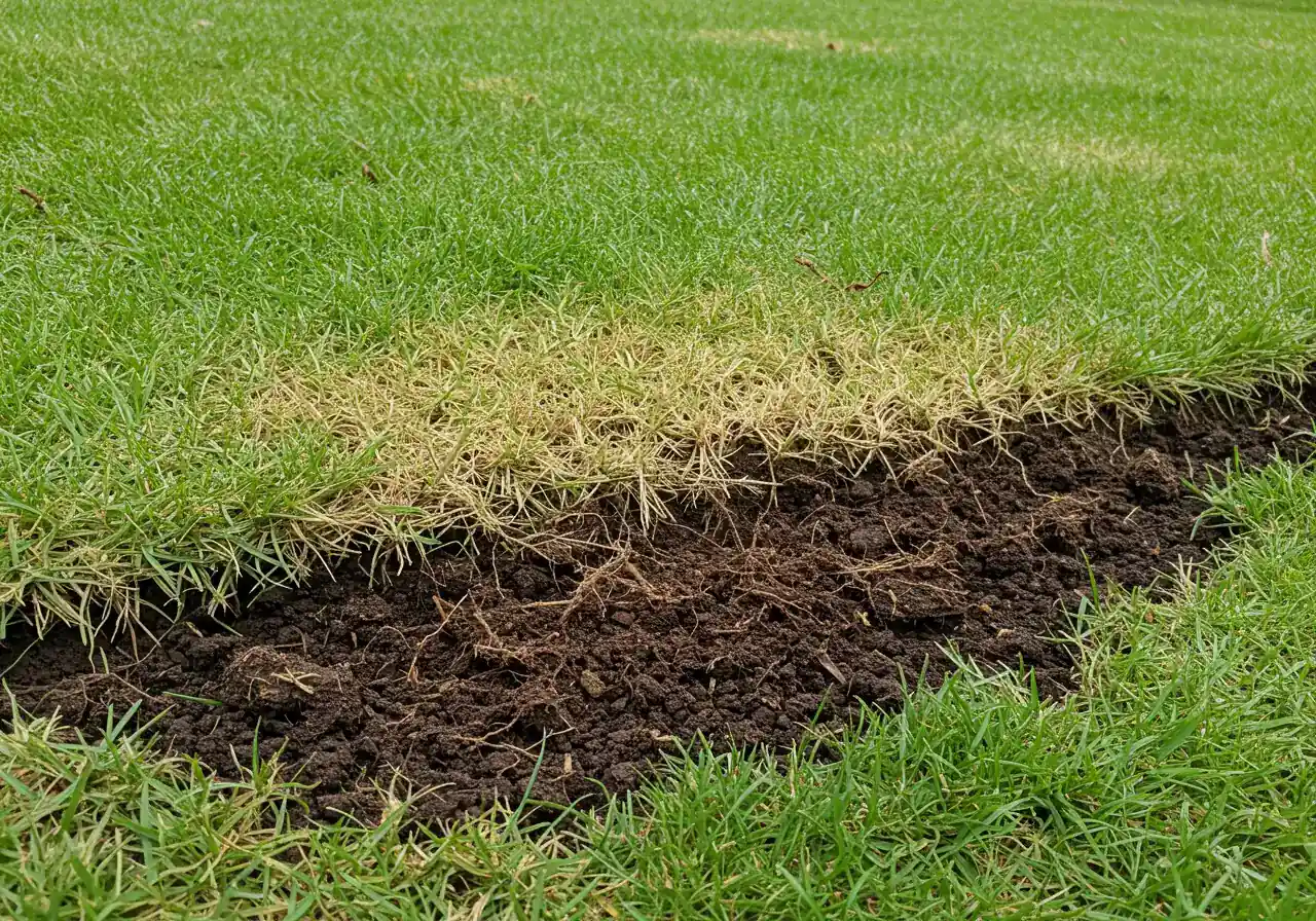 A clear, detailed photograph showcasing lawn grub damage. Focus on a patch of lawn turned brown and spongy, with the edge slightly lifted to reveal C-shaped white grubs just beneath the soil surface amongst the grass roots. The surrounding grass should be green for contrast.
