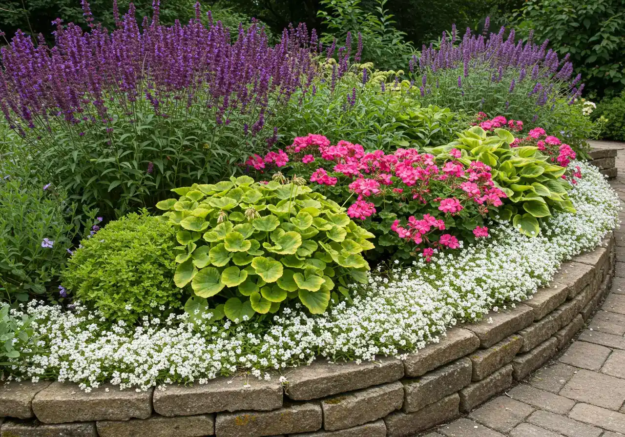 A well-designed flower border illustrating the 'Thriller, Filler, Spiller' concept. Tall, spiky purple Salvia or Delphiniums ('thrillers') are visible at the back. Mounded, medium-height plants like chartreuse Hostas or pink Geraniums ('fillers') occupy the middle ground. Low-growing, cascading white Alyssum or blue Lobelia ('spillers') soften the front edge, tumbling slightly over a stone border. The arrangement shows clear layering and texture contrast.