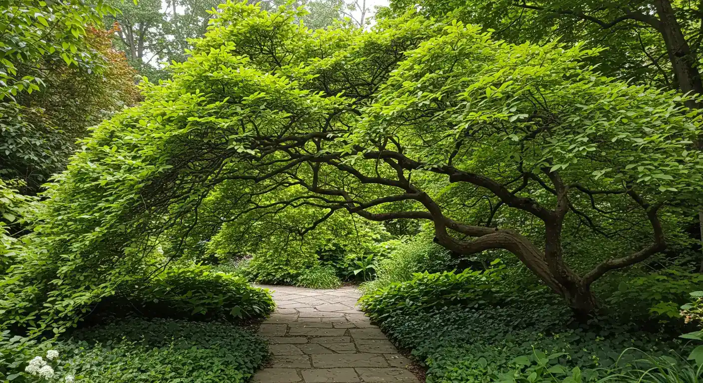 An image showing a slightly overgrown deciduous shrub with some branches extending over a garden path or encroaching on a window, illustrating the need for pruning without looking completely neglected. The scene should evoke a typical Richmond suburban garden in summer.