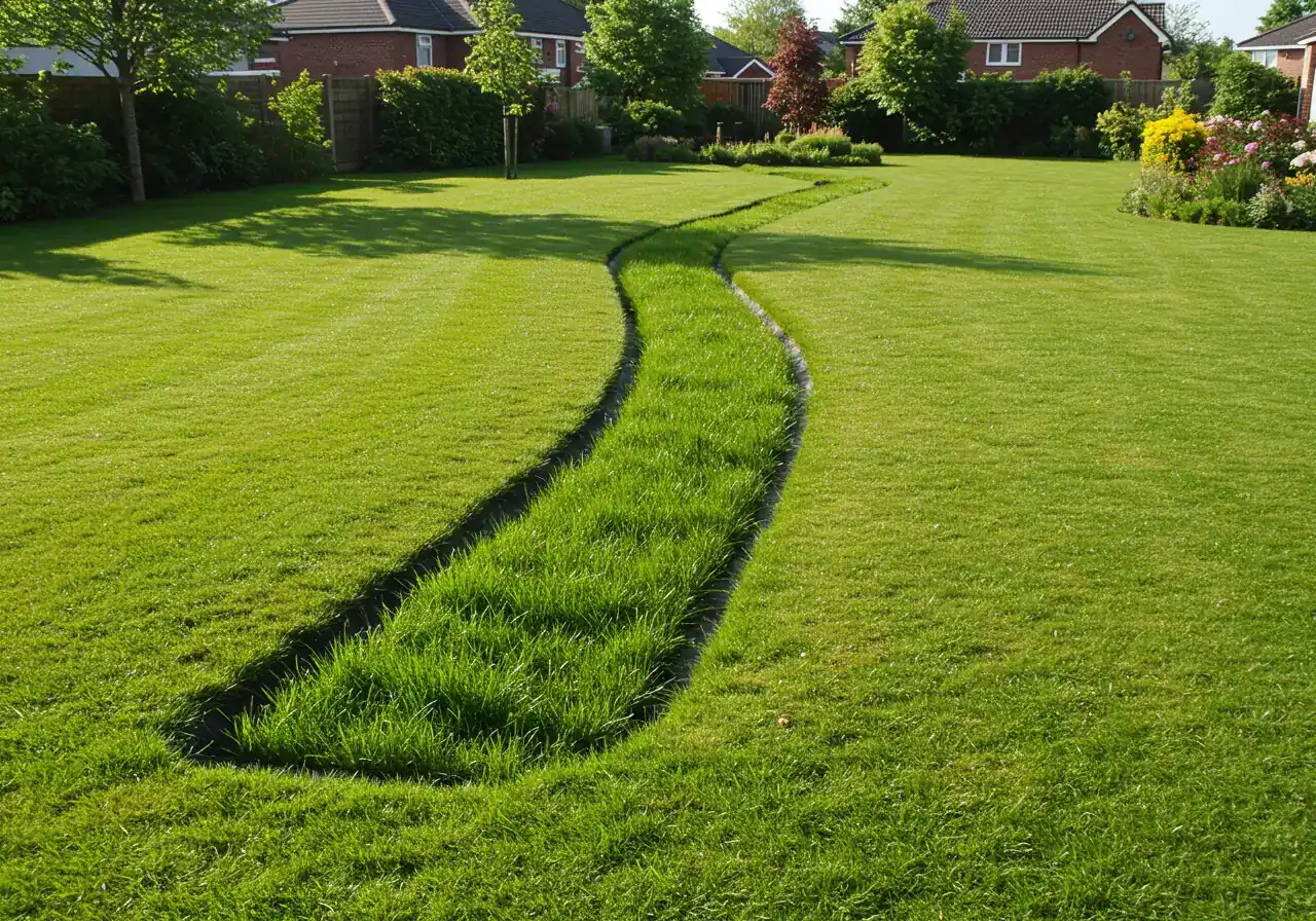 A photograph showcasing a well-constructed landscape swale - a wide, shallow, grassy channel designed to manage water flow across a lawn.