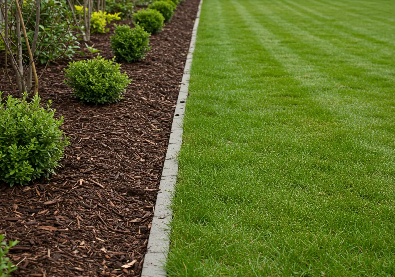 A visually clean and satisfying photograph showcasing a freshly defined garden bed edge after spring cleanup. The image should feature a crisp, sharp line separating dark brown mulch or amended soil within the garden bed from the adjacent green lawn. Focus on the tidiness and definition achieved.