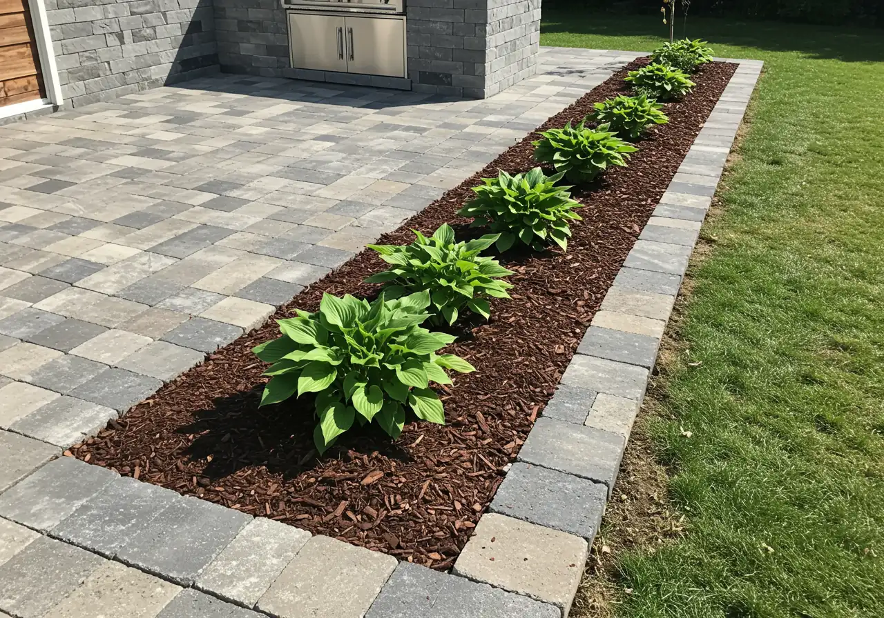 An image showcasing the 'Mulch Magic' concept, illustrating how neat mulching around plants near the kitchen area contributes to tidiness and pest prevention.