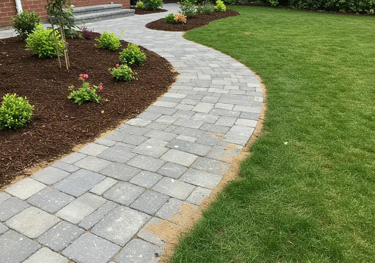An image depicting a key hardscaping element described in the text. It shows a newly installed interlocking paver walkway curving gently through a garden. The pavers are neatly laid with clean joint lines, perhaps in grey or beige tones, contrasting with the adjacent green lawn and mulched garden beds. The focus is on the clean lines and durable materials.