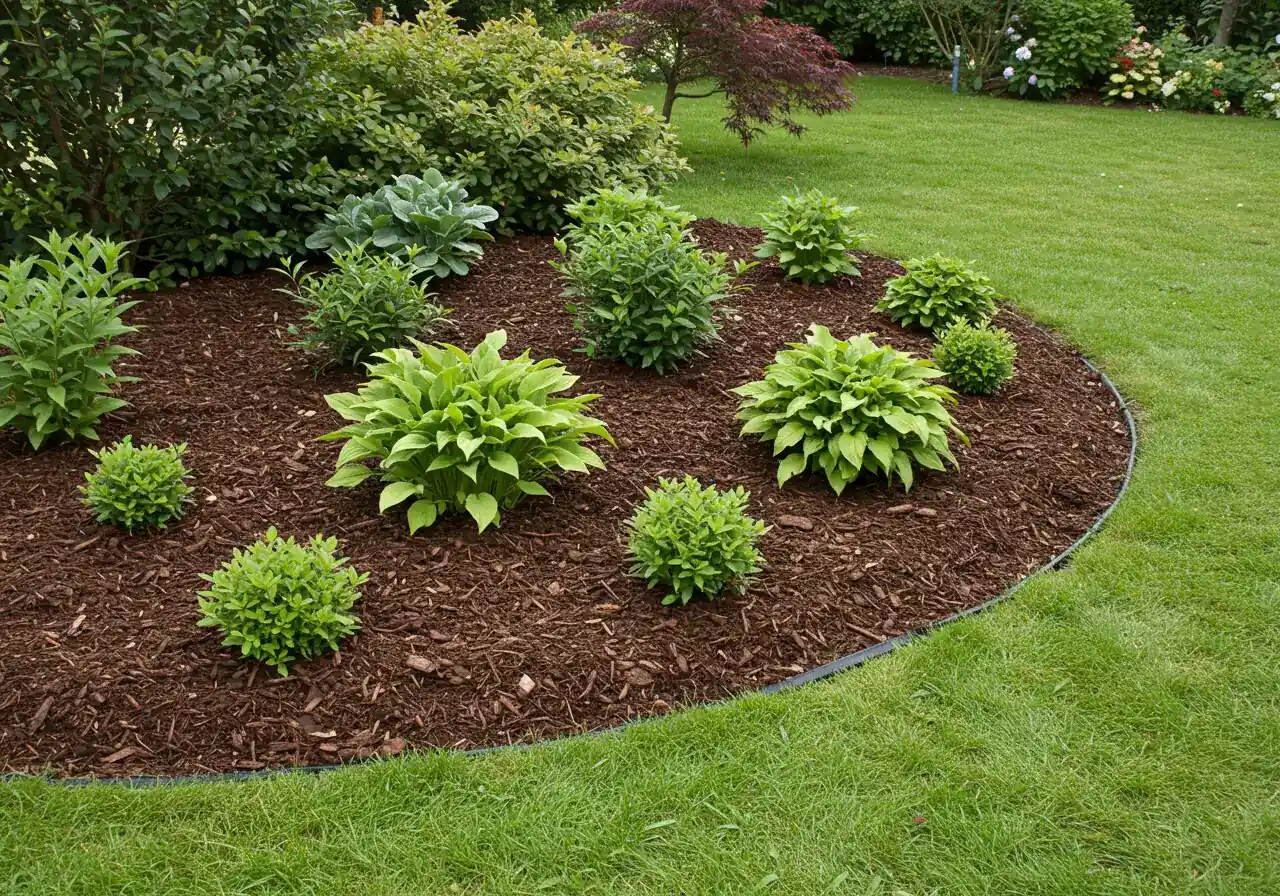 A visually appealing image of a well-mulched garden bed. Shows healthy perennials or shrubs surrounded by a consistent 2-3 inch layer of dark brown shredded bark mulch, demonstrating proper application with mulch pulled back slightly from the base of the plant stems. A clean edge separates the mulch from a lawn or pathway.