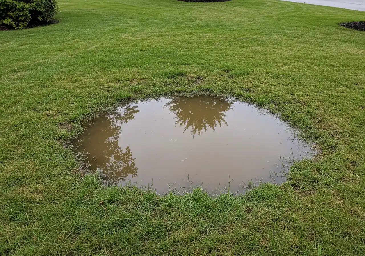 An image clearly showing a puddle of water lingering on a lawn several hours after rainfall. The grass around the puddle might look overly saturated or slightly discolored, visually demonstrating the poor drainage problem discussed in this section.