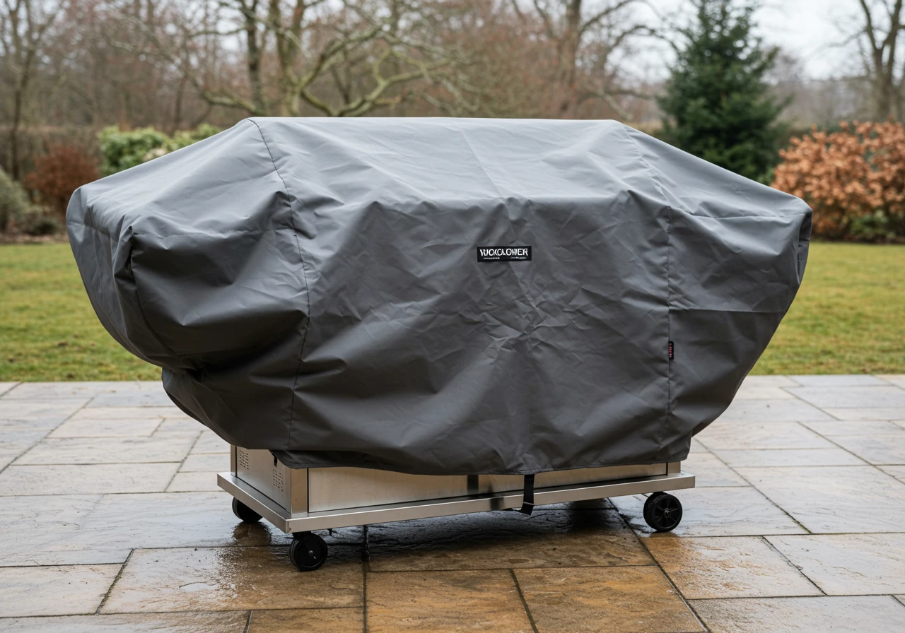 A medium shot of a clean, stainless steel outdoor BBQ grill fully covered with a heavy-duty, fitted, waterproof cover (e.g., dark grey or black). The cover should look secure and weatherproof, reaching near the ground/patio surface. The setting is a patio during late fall or early winter, with perhaps some bare tree branches visible in the blurred background.