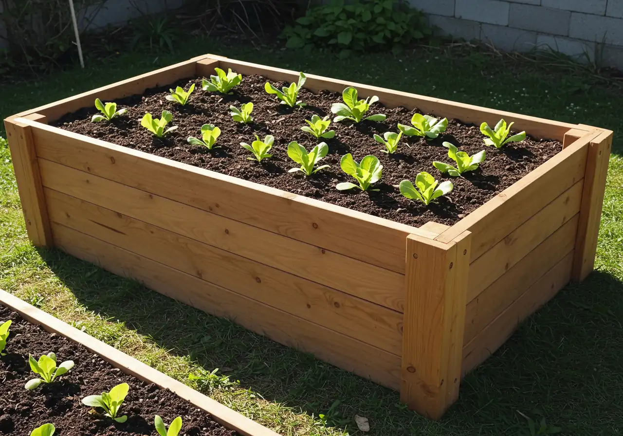 A visually appealing photograph of a well-constructed wooden raised garden bed. The bed should be filled with dark, loose, fertile-looking soil mix, perhaps with a few small, healthy vegetable seedlings (like lettuce or kale) just starting to grow. The background could subtly show less ideal ground conditions.