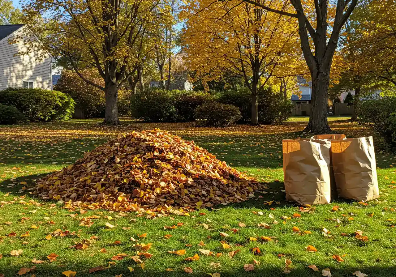 A pleasant autumn scene in a suburban backyard focused on seasonal yard maintenance. A large, tidy pile of colourful fallen leaves (reds, oranges, yellows) is gathered neatly on a patch of green lawn. Beside the leaf pile, two brown paper yard waste bags stand full, ready for collection, representing responsible fall cleanup.