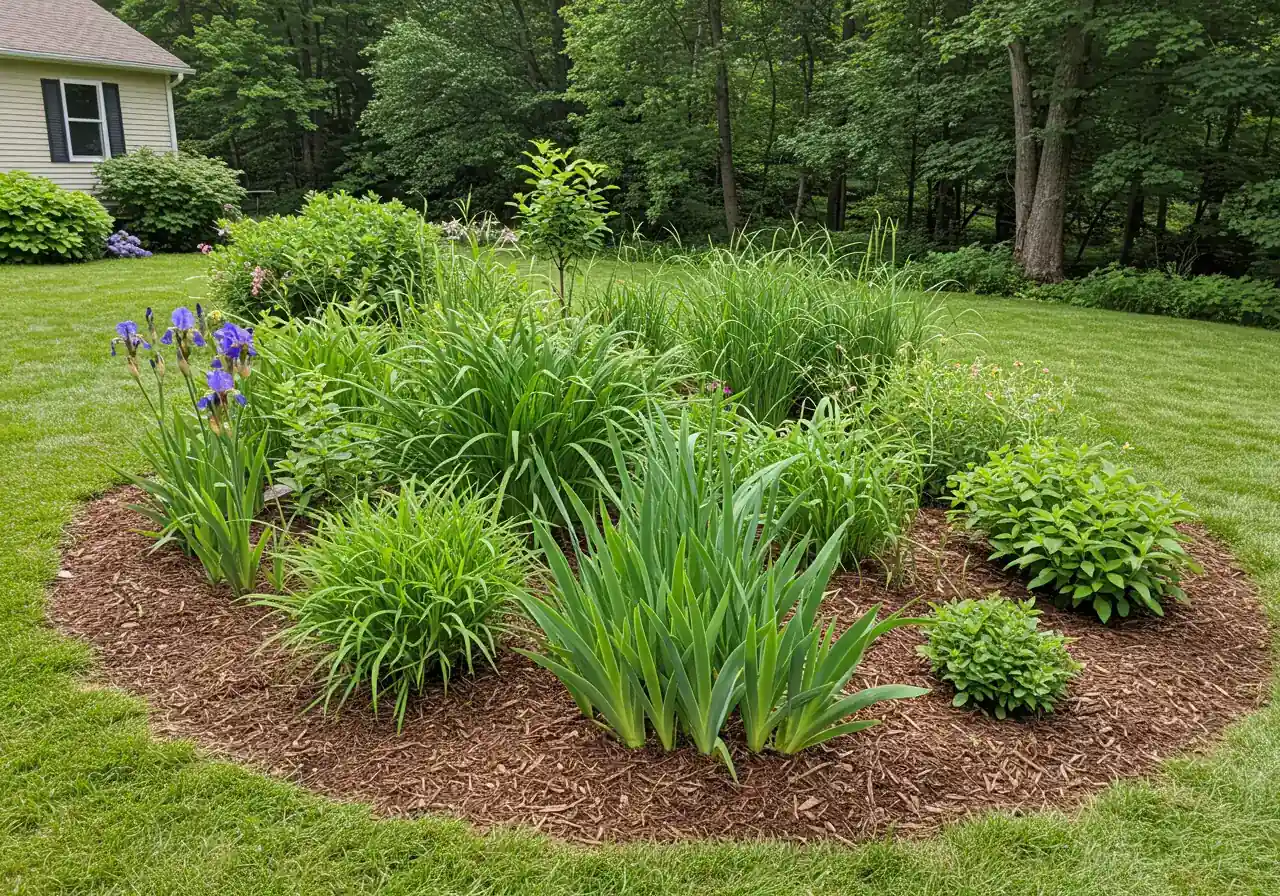 A photograph showcasing an established residential rain garden. It should feature a shallow, mulched depression filled with healthy, diverse native plants and grasses suitable for wet conditions (e.g., sedges, iris, coneflowers). The garden should look like an intentional and attractive landscape feature.