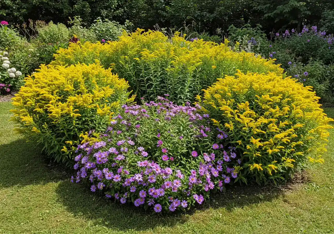 A sunny garden scene depicting a well-planned small pollinator patch thriving in full sun. The patch includes drifts of mixed fall-blooming flowers like yellow Goldenrod and purple Asters. The plants look healthy and vibrant, demonstrating a successful planting in a sunny location. No humans or structures are prominent, focus is on the planted area within a garden context.